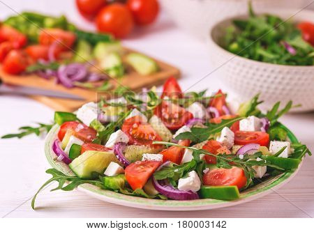 Traditional Bulgarian Salad Shopski With Fresh Vegetables And Feta