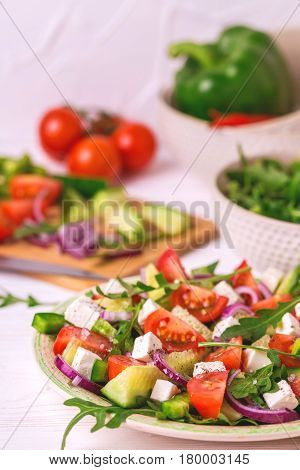 Traditional Bulgarian Salad Shopski With Fresh Vegetables And Feta