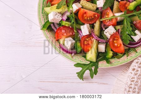 Traditional Bulgarian Salad Shopski With Fresh Vegetables And Feta