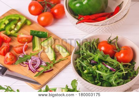 Traditional Bulgarian Salad Shopski With Fresh Vegetables And Feta