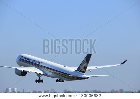 Amsterdam the Netherlands - April 2nd 2017: 9V-SMI Singapore Airlines Airbus A350-900 takeoff from Polderbaan runway Amsterdam Airport Schiphol