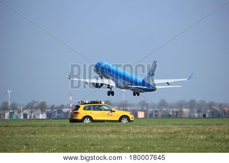 Amsterdam the Netherlands - April 2nd 2017: takeoff from Polderbaan runway Amsterdam Airport Schiphol