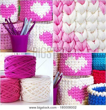 Bright collage of crochet boxes hooks yarn and crochet stitches sample. Pink white and blue crochet textile tutorial pattern. Thick ribbon cotton yarn