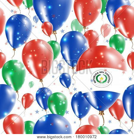 Paraguay Independence Day Seamless Pattern. Flying Rubber Balloons In Colors Of The Paraguayan Flag.