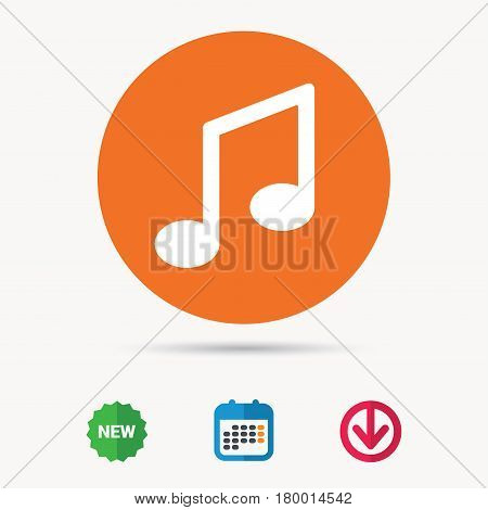 Music icon. Musical note sign. Melody symbol. Calendar, download arrow and new tag signs. Colored flat web icons. Vector