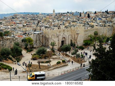 JERUSALEM ISRAEL - MARCH 25 2017: View of the Old City of Jerusalem from the side of Shekhem (Damascus) Gate