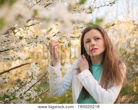 outdoor portrait of a beautiful woman in white jacket among white blossom tree.