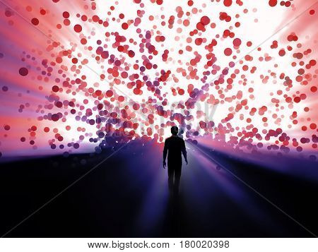 Man in front of spewing spheres, 3d illustration
