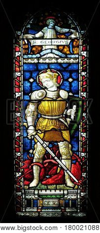 ROME, ITALY - SEPTEMBER 02: Saint George on the stained glass of All Saints' Anglican Church, Rome, Italy on September 02, 2016.