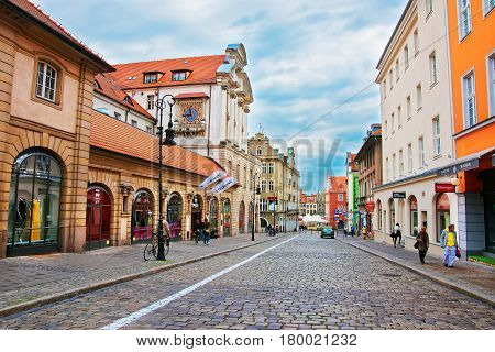Cobblestone Paderewski Street At Old Town Of Poznan