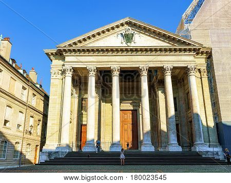 Facade Of St Pierre Cathedral In Old Town Of Geneva
