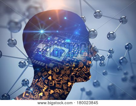 Double Exposure Image Of Low Polygon Human Head 3D Illustration