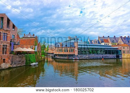 Tourist information center in Gravensteen at Lys River Canal in Ghent in East Flanders Belgium.