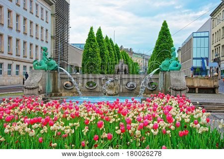 Golem Monument And Kronthal Fountain At Marcinkowski Avenue Poznan