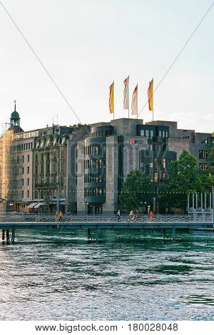 Pont De La Machine Bridge Over Geneva Lake In Summer