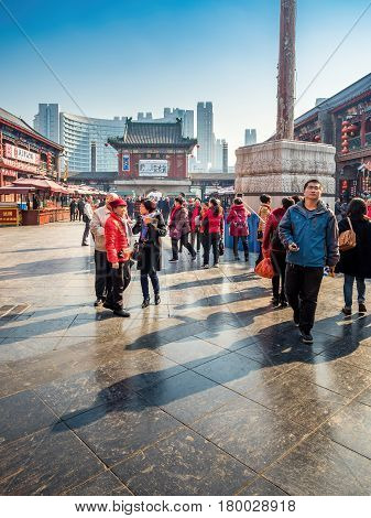 Tianjin, China - Nov 1, 2016: Tianjin Ancient Cultural Street, preserved in the classical Qing Dynasty architectural style. Morning scene to what is a very popular tourist area.