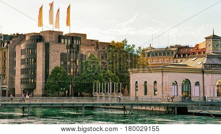 Pont De La Machine Bridge And Geneva Lake In Summer
