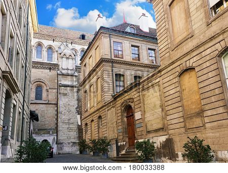 Inner yard of St Pierre Cathedral and International museum of reformation on Saint Pierre Square in Geneva Switzerland