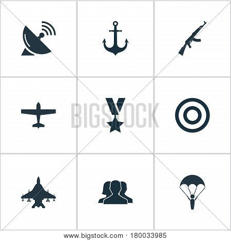 Vector Illustration Set Of Simple Army Icons. Elements Target, Outcast, Ship Hook And Other Synonyms Order, Scope And Ak47.