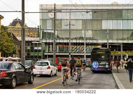 People Bicycle And Bus At Train Station In Bahnhofplatz Bern