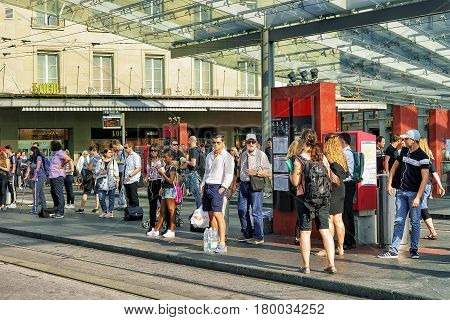 People On Train Station At Bahnhofplatz In Bern