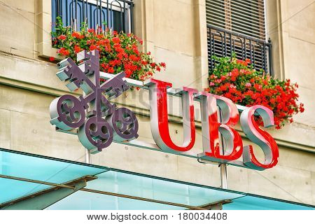 Bern Switzerland - August 31 2016: UBS bank symbol at the city center of Bern Switzerland