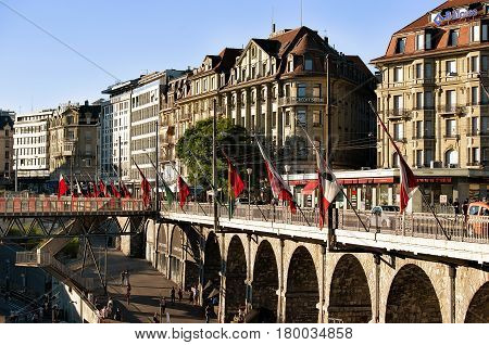Flon District With Grand Pont Bridge With Flags Lausanne