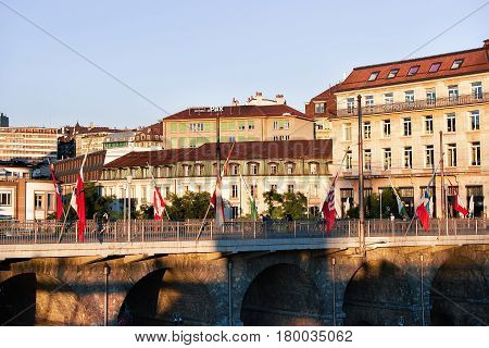 Le Flon District With Grand Pont Bridge With Flags Lausanne