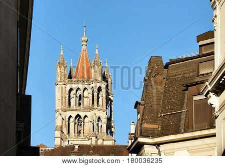 Tower Of Cathedral Of Notre Dame In Lausanne Switzerland