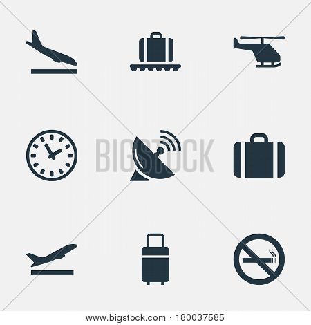 Vector Illustration Set Of Simple Travel Icons. Elements Cigarette Forbidden, Travel Bag, Alighting Plane And Other Synonyms Conveyor, Case And Stop.