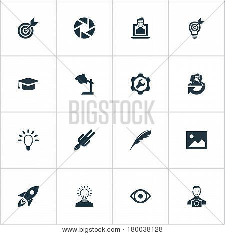 Vector Illustration Set Of Simple Creative Thinking Icons. Elements Cameraman, Apathy, Rocket And Other Synonyms Young, Darts And Reading.