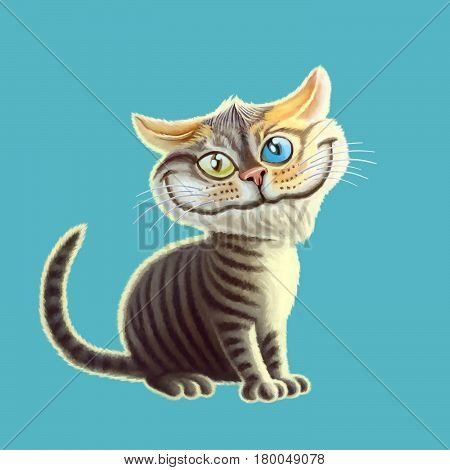 Cartoon cat enjoys the arrival of spring. Funny pet illustration. ?heerful kitten character on blue background.