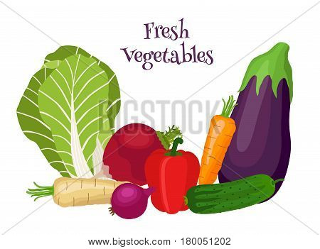 Fresh vegetables - bok choy, eggplant, carrot, cucumber, onion, bell pepper. Vegetarian food. Cartoon flat style.