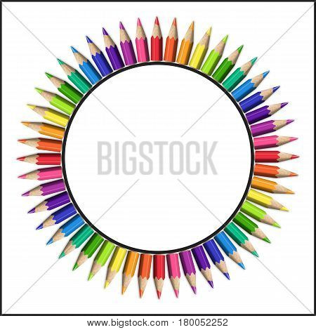 Circular Frame of Realistic Colorful Pencils on White Background. Template of Radial Composition of Sharp Colored Pencils for Text Cover Header.
