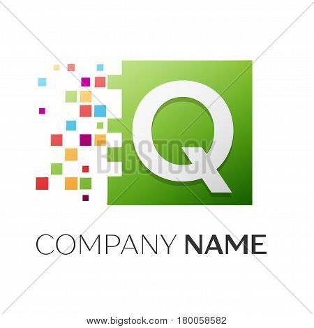 Letter Q vector logo symbol in the colorful square with shattered blocks on white background. Vector template for your design