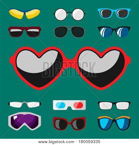 Fashion set sunglasses design retro accessory sun optical view object and spectacles vintage plastic frame modern eyeglasses vector illustration. Elegance summer sight shape classic reflection wear.