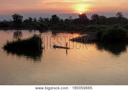 Boat On River Mekong At Don Det, Laos