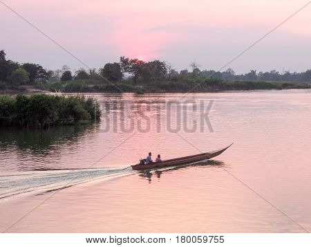 Boat On River Mekong At Don Det, Laos