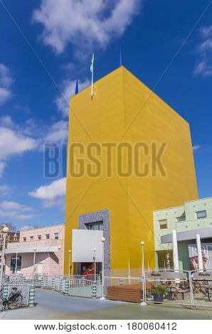 GRONINGEN, NETHERLANDS - APRIL 03, 2017: Yellow tower of the museum in Groningen, Netherlands