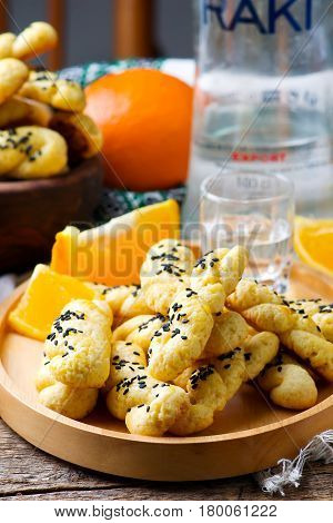 Koulourakia Greek Sesame Twist Cookies..style rustic.selective focus