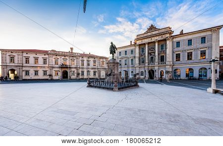 Piran Slovenia - January 7 2017: Tartini square with town hall and City Library in Piran. The main market of Piran - old medieval town and major tourist attraction in Slovenia