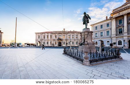 Piran Slovenia - January 7 2017: Tartini square with town hall and City Library in Piran. The main market of Piran - old medieval town and major tourist attraction in Slovenia