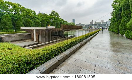 Wide angle view of Hiroshima memorial, rainy day, Japan.