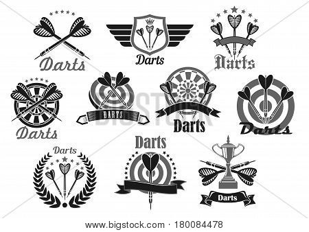 Darts club or sport competition symbol set. Darts and dartboard with champion trophy cup, laurel wreath and ribbon banner, adorned with star and crown. Darts team or sport club emblem design
