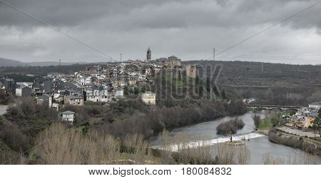 Wide view of winter in Puebla de Sanabria with Tera river, Castilla y Leon, Spain