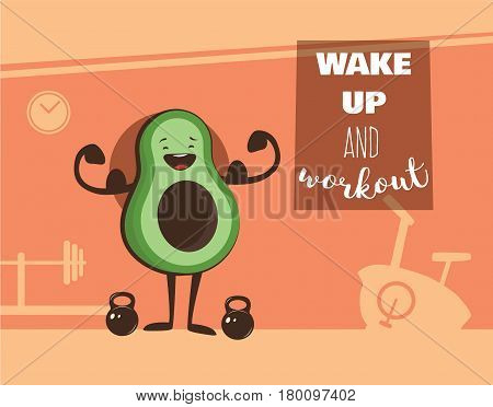 poster of happy avocado exercise at a gym. Healhy lifestyle motivation poster. vector illustration