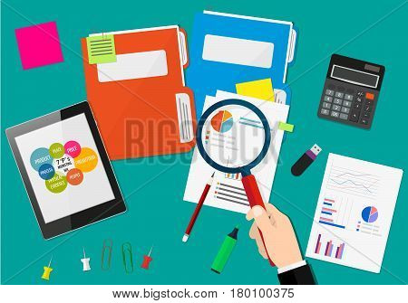 Financial audit concept. Calculation. Auditing tax process. Business background. Vector illustration in flat design