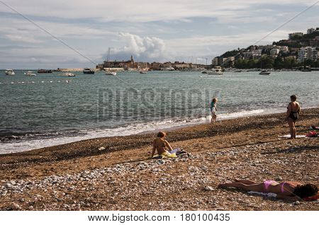 The beach and the old fortress in the Gulf of the Adriatic Sea