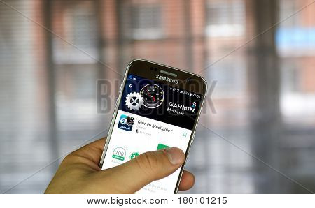 MONTREAL CANADA - MARCH 10 2017 : Garmin Mechanic app on Samsung s7 screen. Garmin is an American multinational technology company founded by Gary Burrell and Min Kao in 1989.