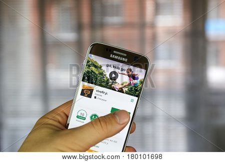MONTREAL CANADA - MARCH 10 2017 : Garmin Vivofit jr app on Samsung s7 screen. Garmin is an American multinational technology company founded by Gary Burrell and Min Kao in 1989.